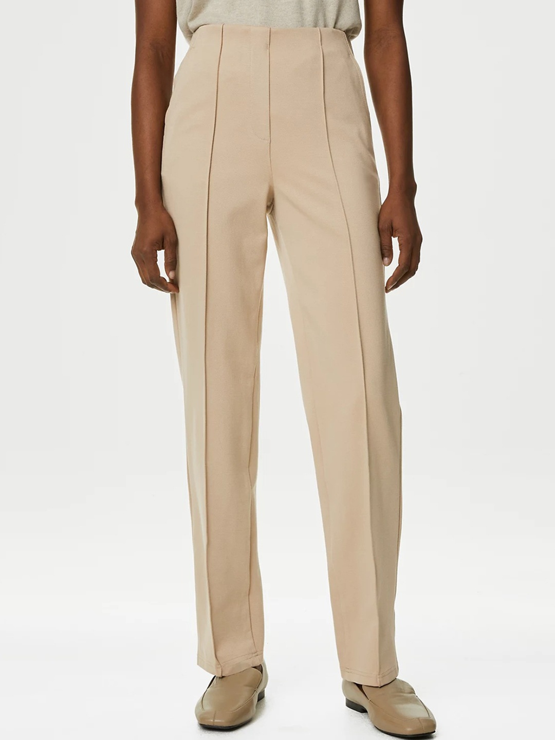 

Marks & Spencer Women Pintuck High-Rise Regular Trousers, Beige