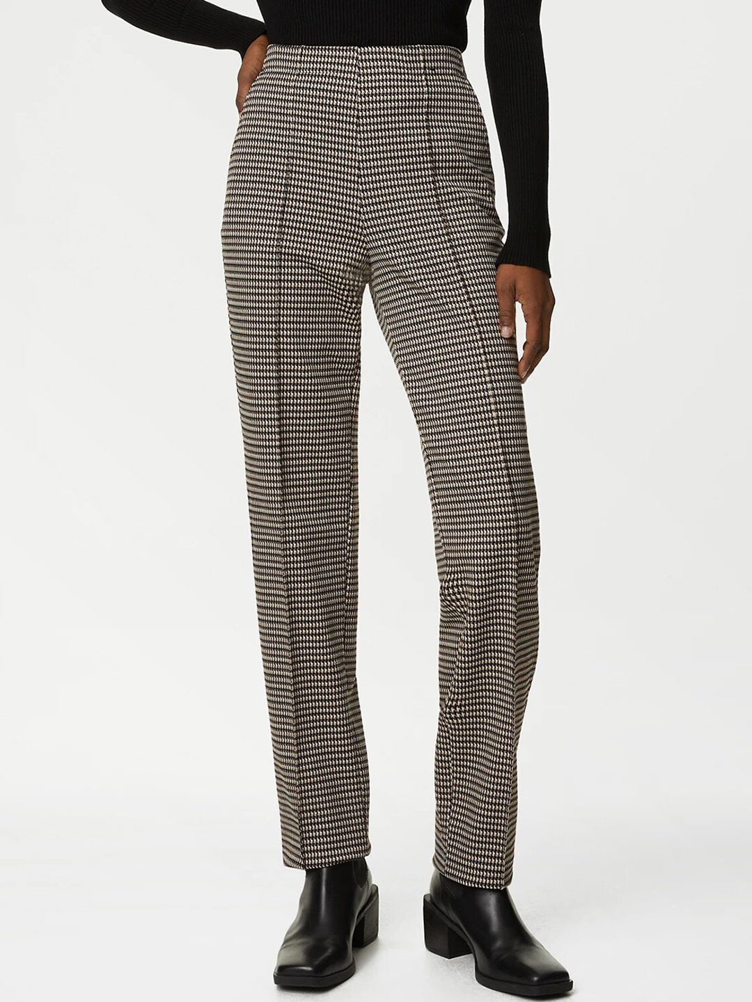 

Marks & Spencer Women Abstract Printed Pintuck High-Rise Formal Trousers, Brown
