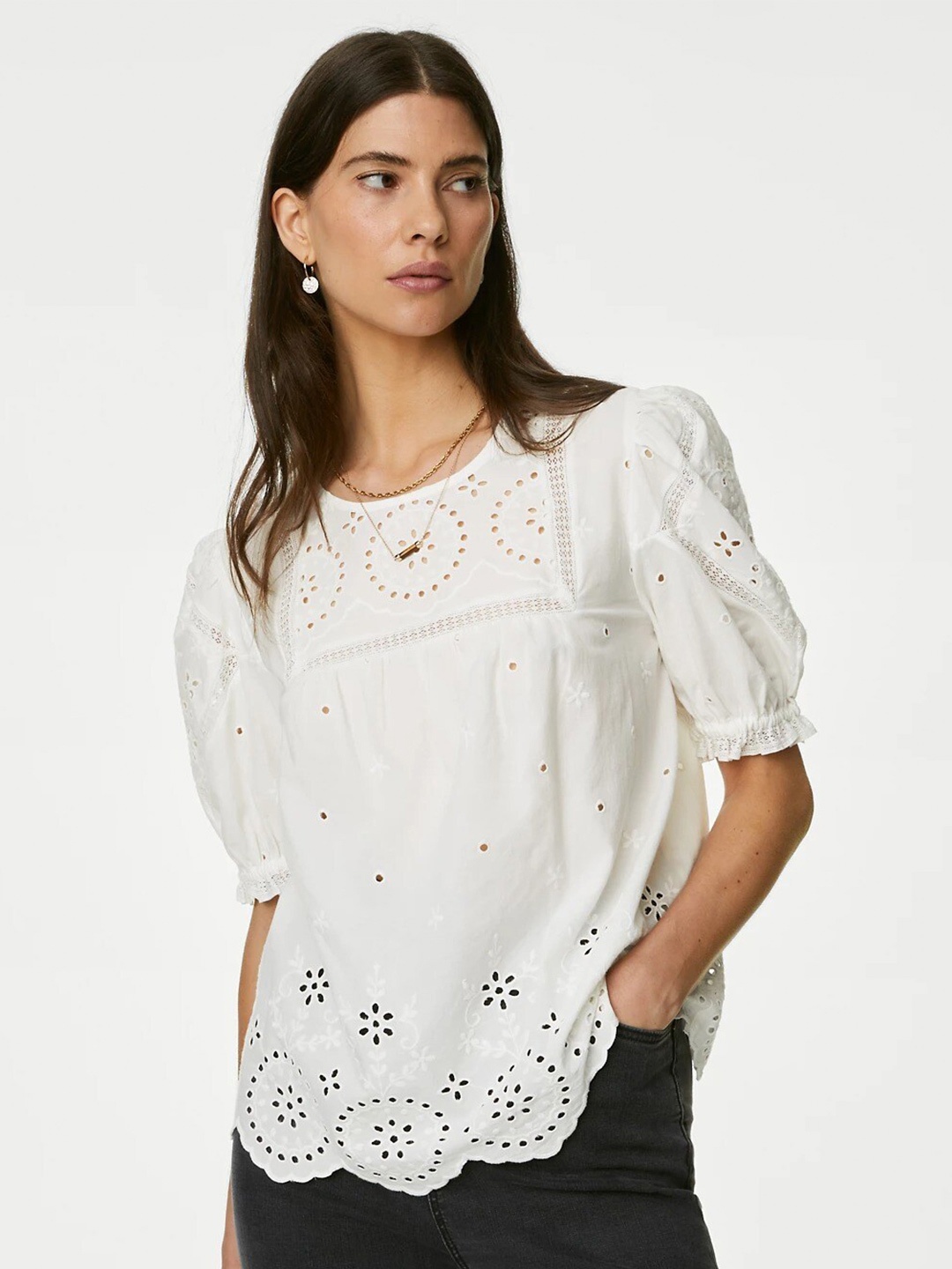 Marks & Spencer Self Design Puff Sleeve Cotton Top, Off white