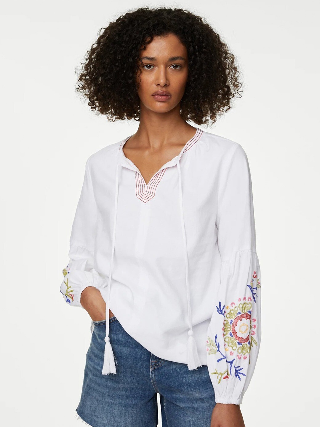 

Marks & Spencer Embroidered Tie-Up Neck Linen Top, White