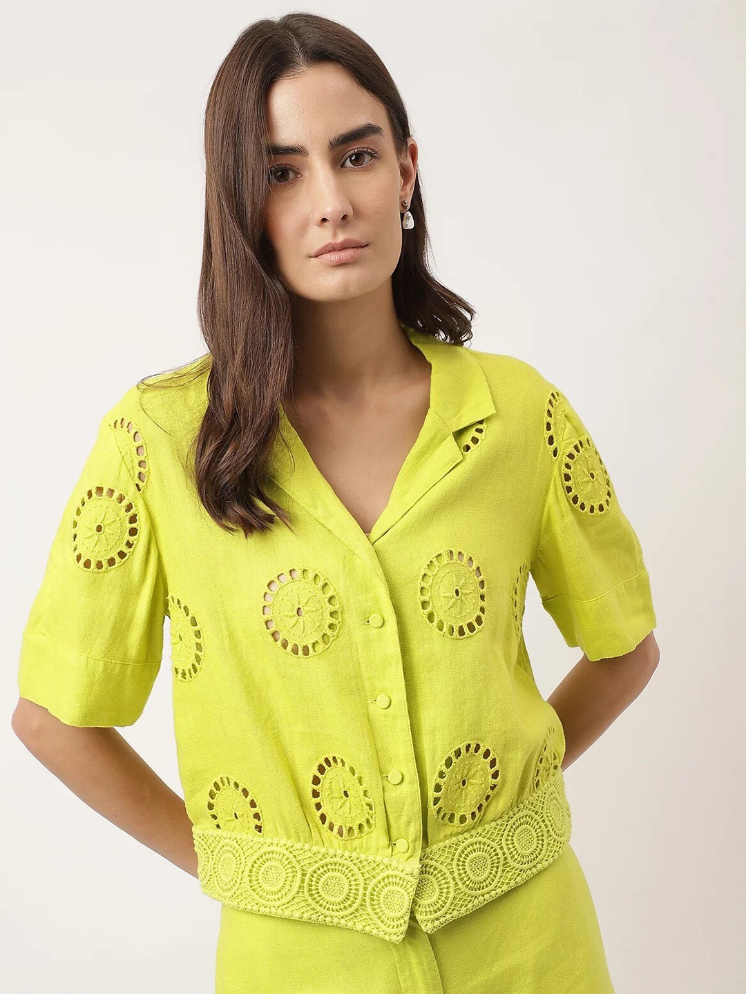 

Marks & Spencer Ethnic Motifs Self Design Shirt Style Top, Lime green