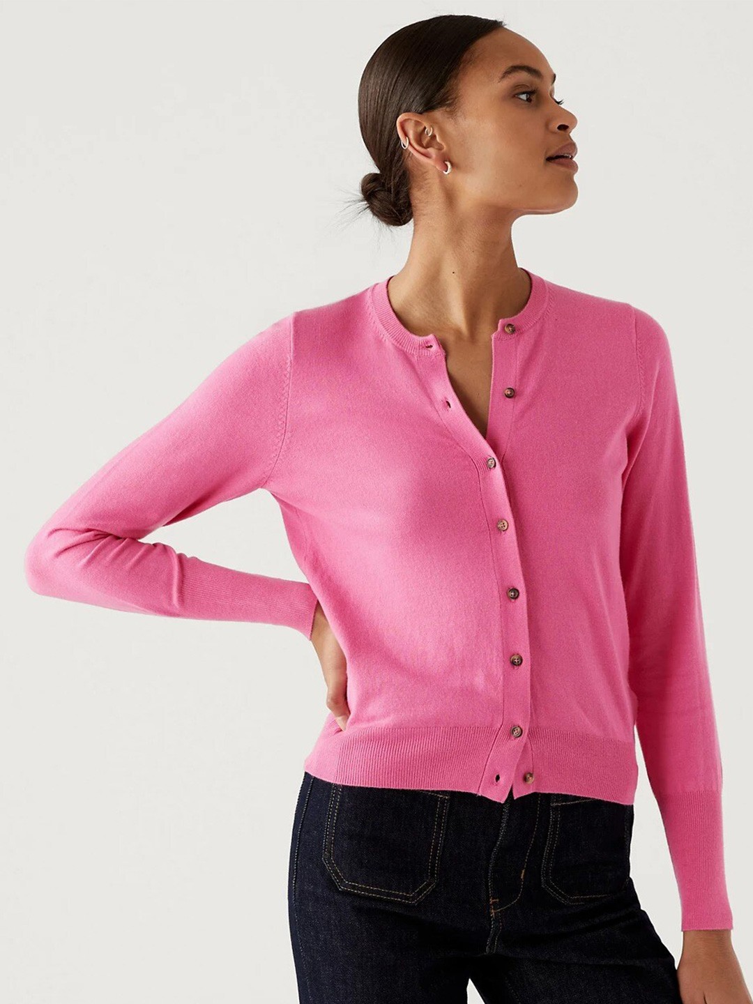 

Marks & Spencer Round Neck Cardigan Sweaters, Pink