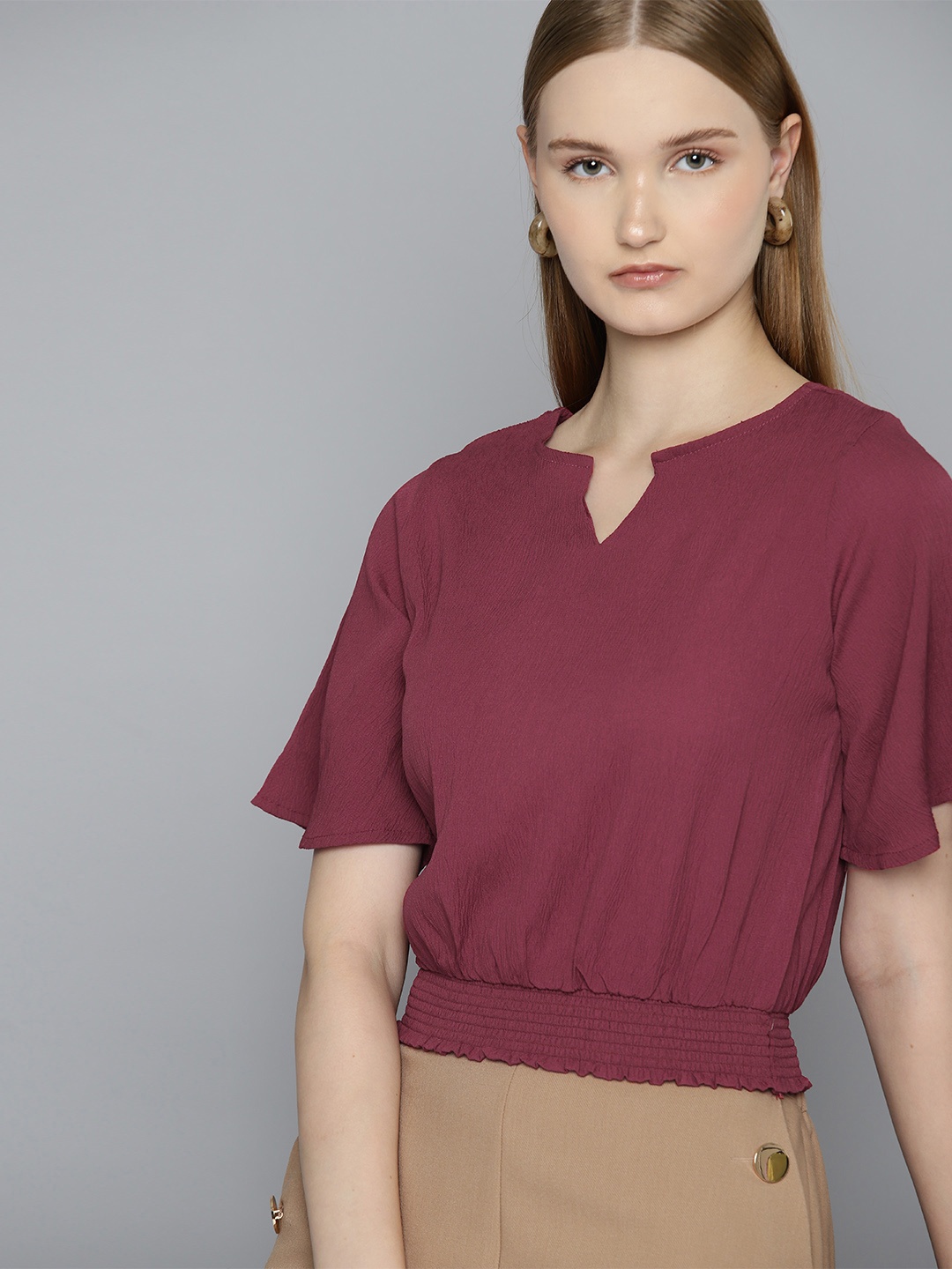 

Chemistry Flared Sleeve Satin Blouson Top, Maroon