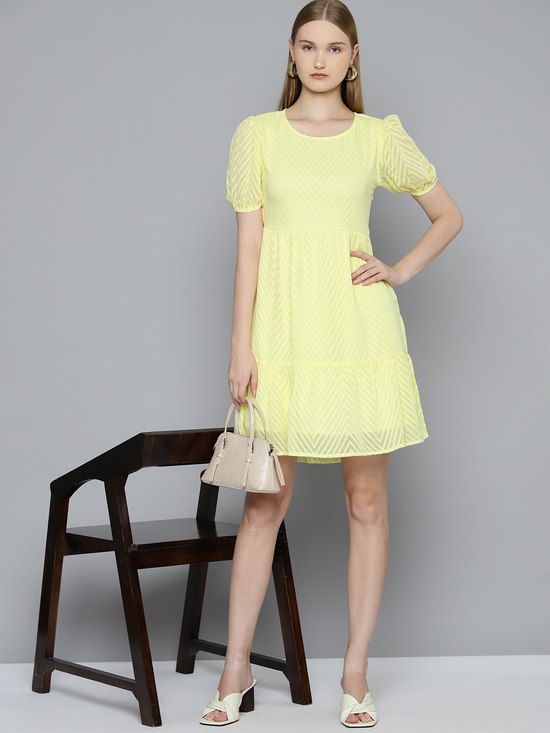 

Chemistry Puff Sleeve Poly Georgette A-Line Dress, Yellow