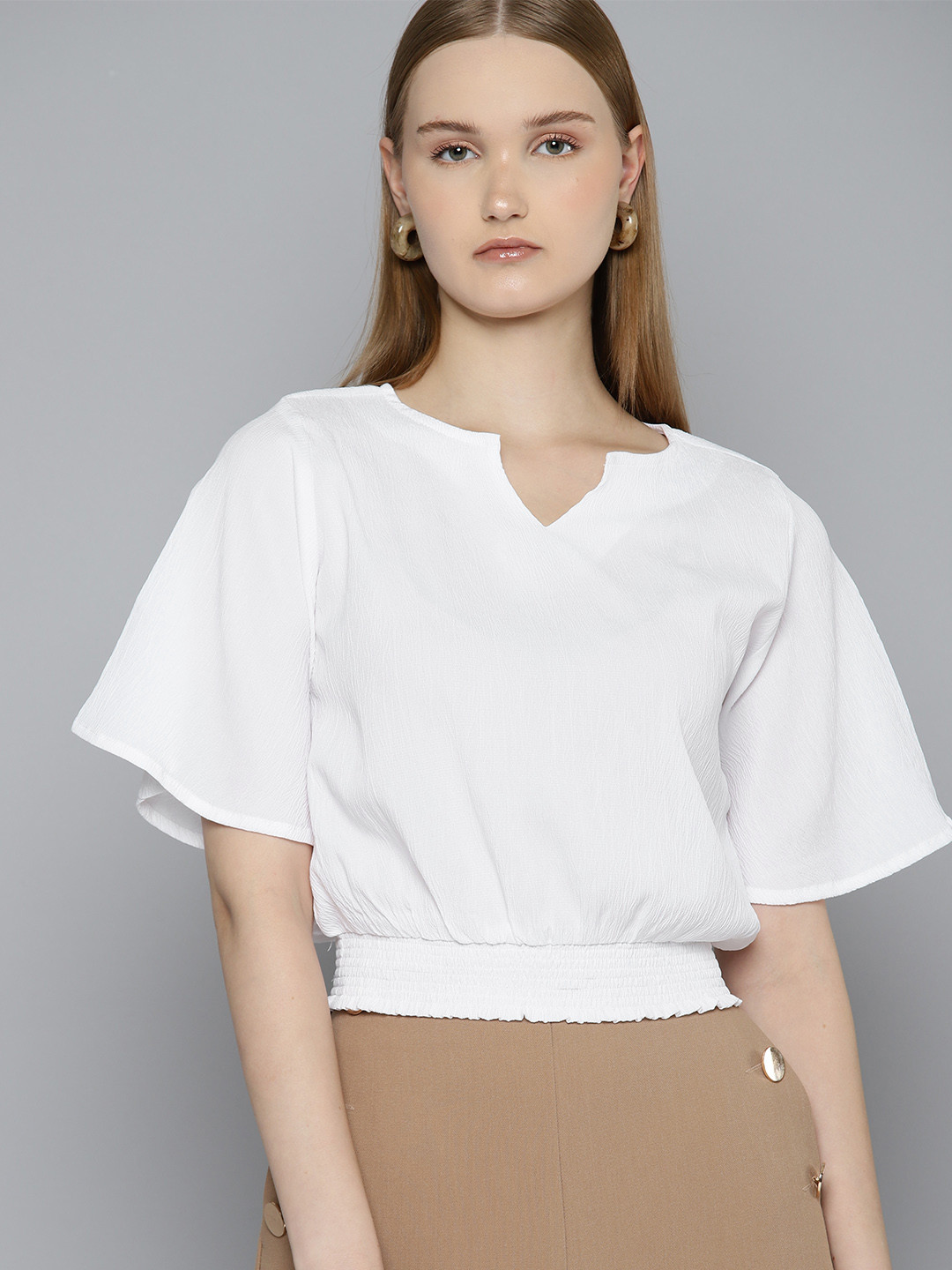 

Chemistry Flared Sleeve Crepe Blouson Top, White