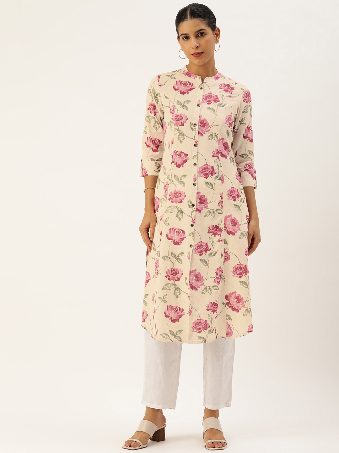 

AMUKTI Women Floral Printed Kurta, Beige
