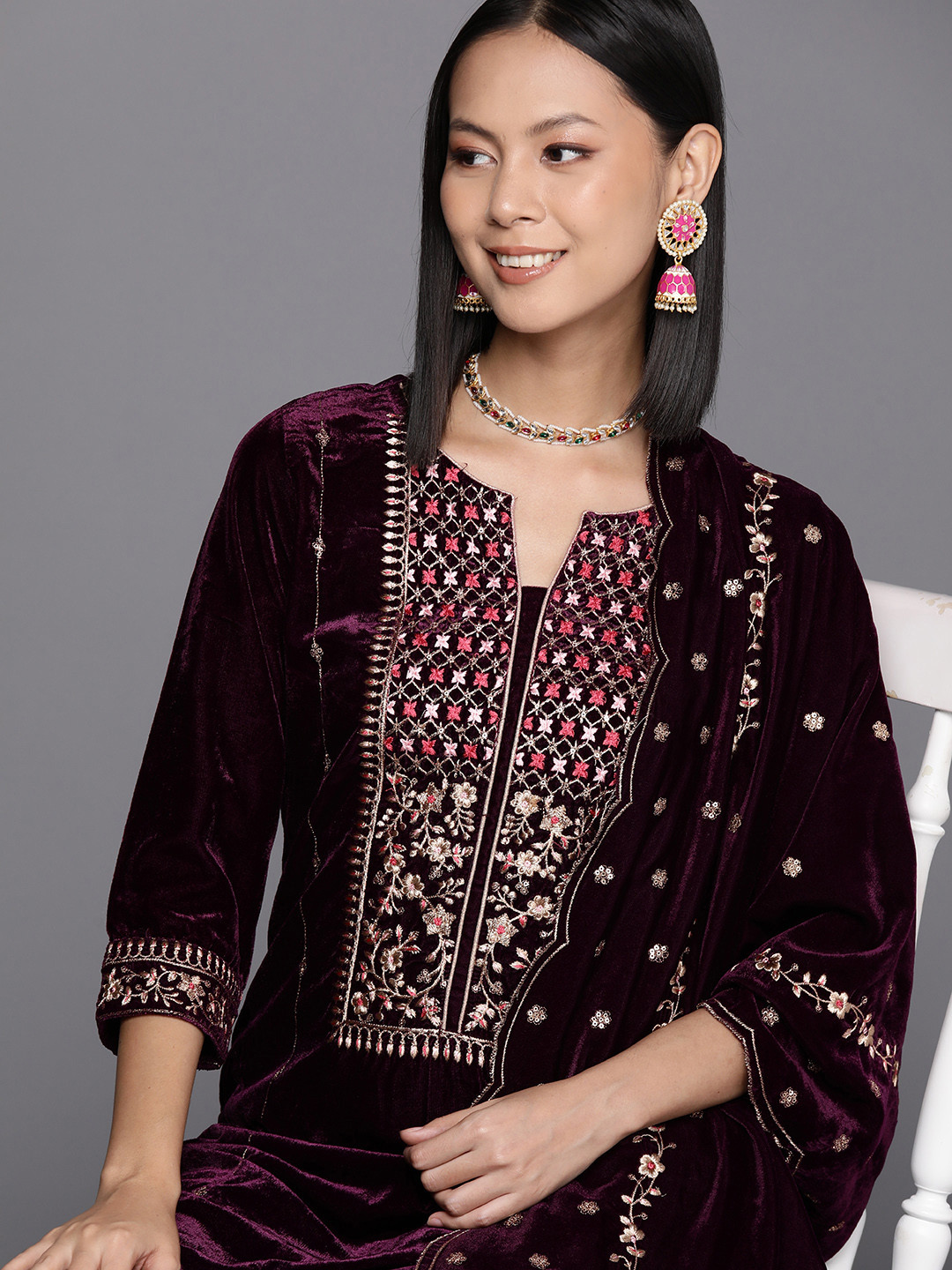 

Varanga Floral Yoke Embroidered Velvet winter Kurta with Trousers & Dupatta, Purple