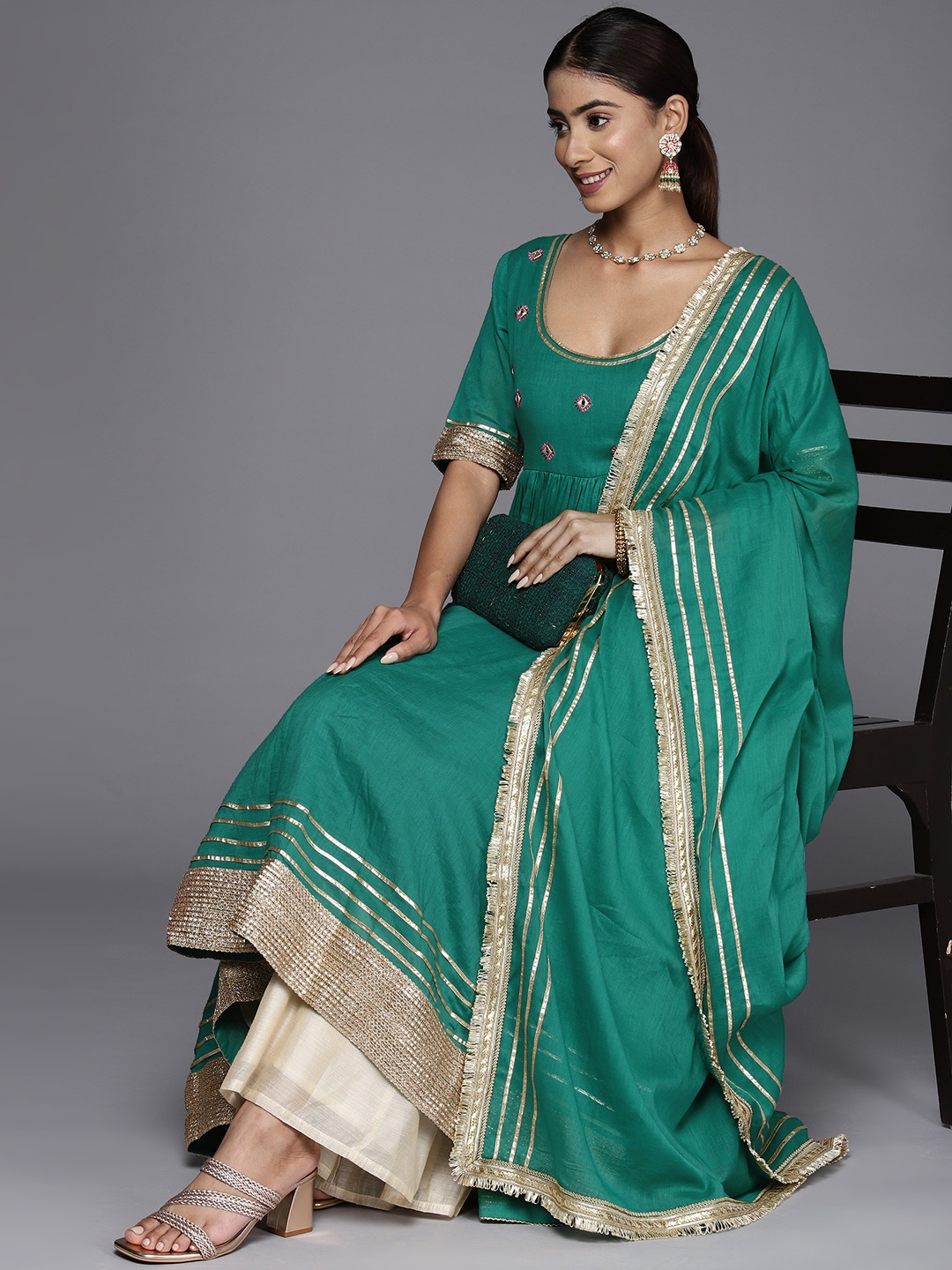 

Varanga Ethnic Motifs Embroidered Gotta Patti Anarkali Kurta with Dupatta, Green
