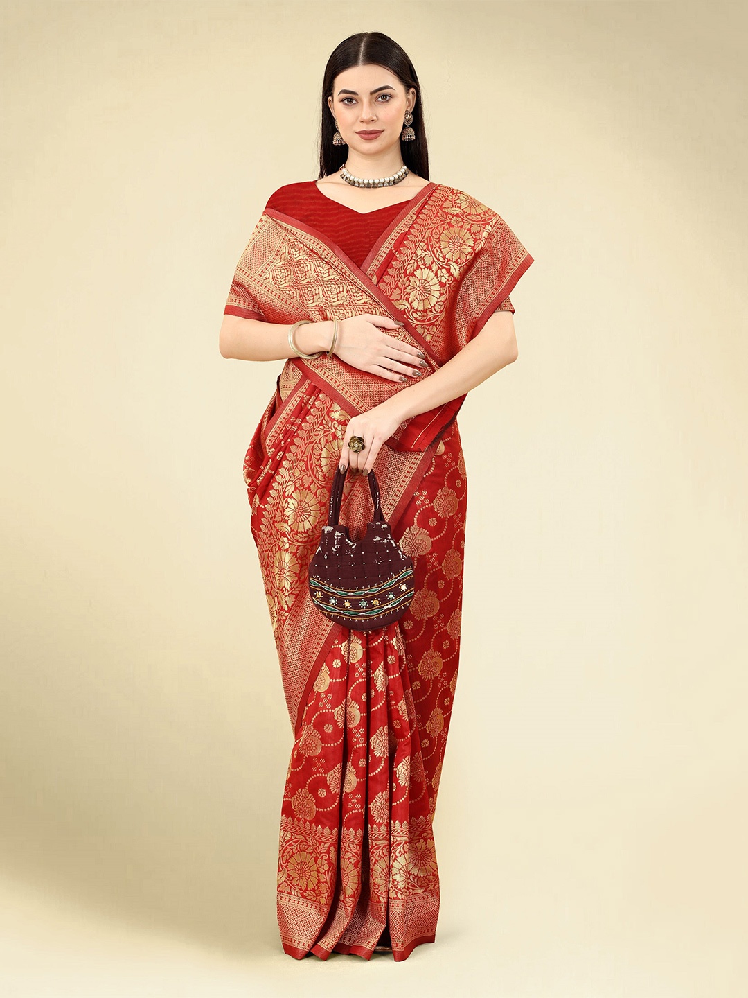 

DWIZA ENTERPRISE Ethnic Motifs Woven Design Zari Banarasi Saree, Red