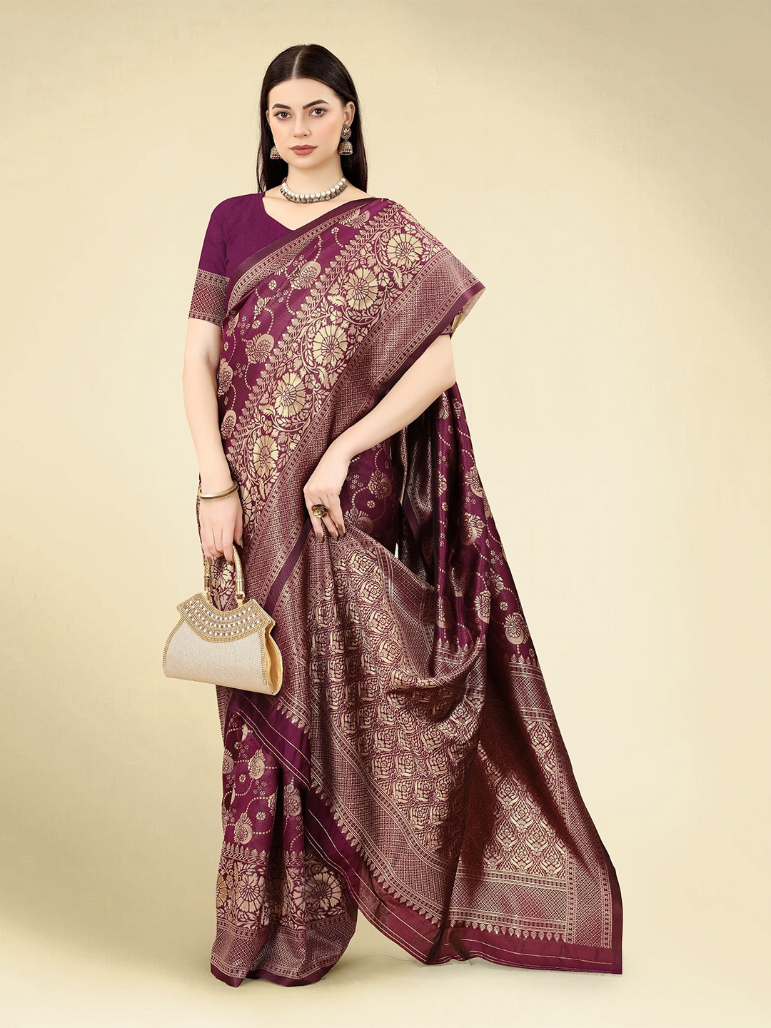 

DWIZA ENTERPRISE Ethnic Motifs Woven Design Zari Art Silk Banarasi Saree, Burgundy