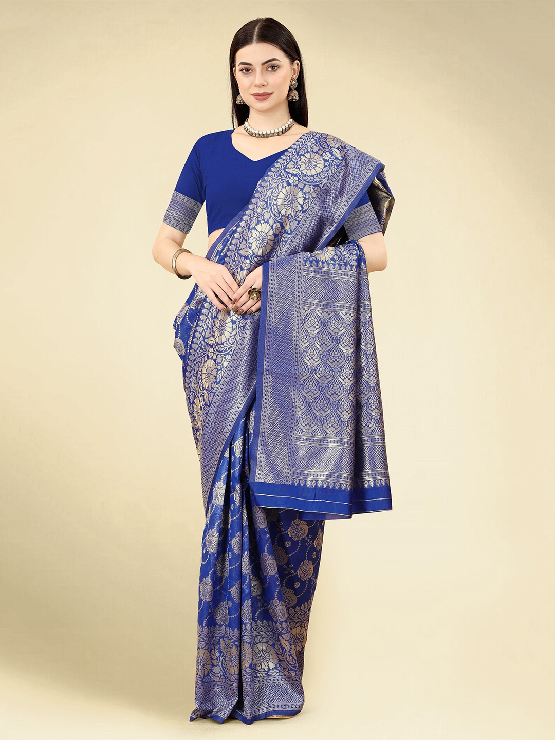 

DWIZA ENTERPRISE Ethnic Motifs Woven Design Zari Banarasi Saree, Blue