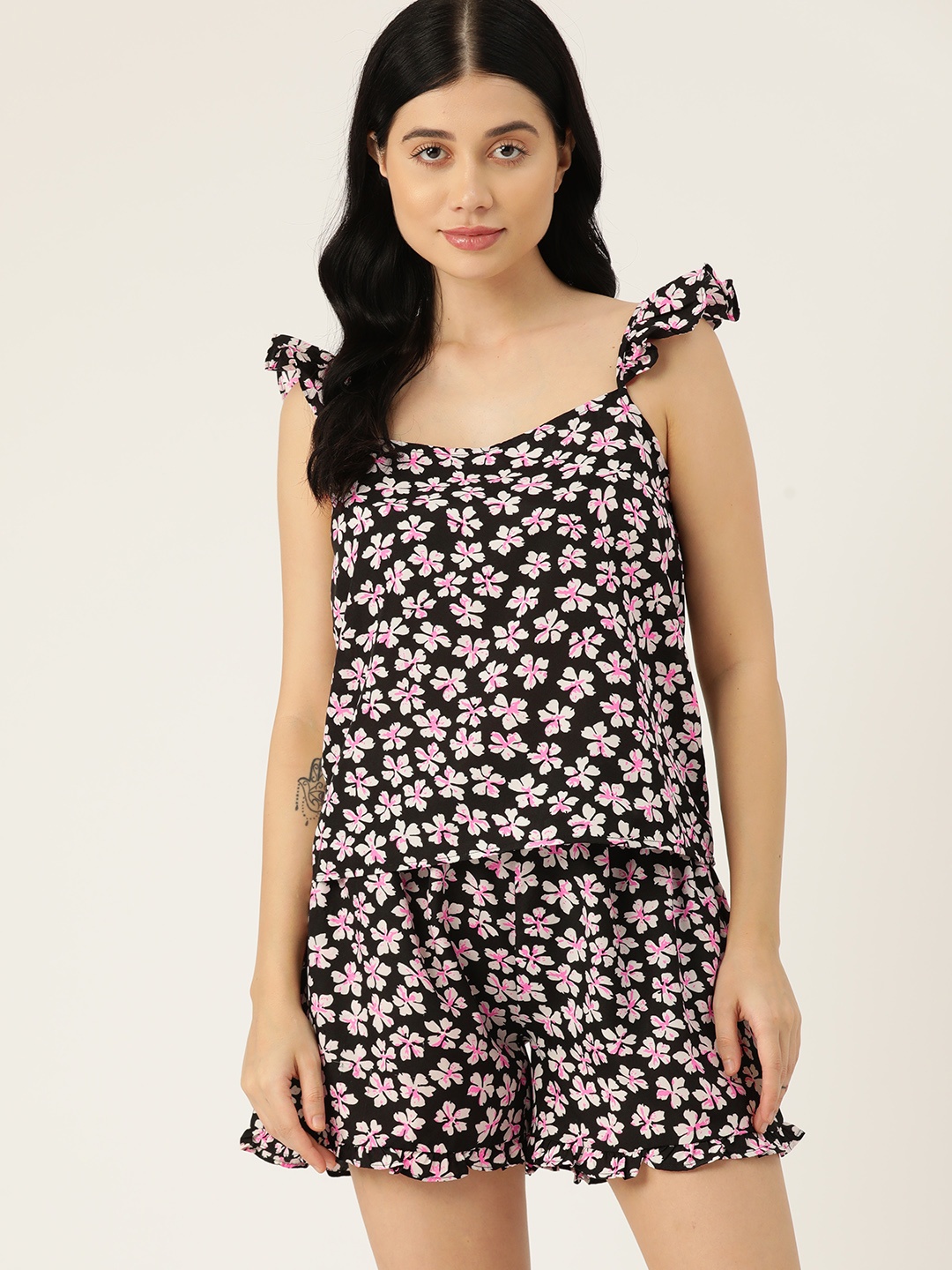 

ETC Floral Printed Night Suit, Black