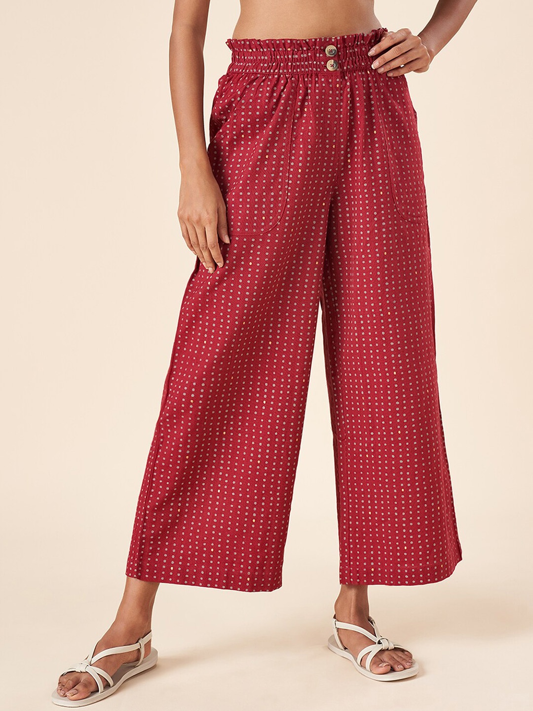 

AKKRITI BY PANTALOONS Women Polka Dot Printed Flared Smart Parallel Trousers, Rust