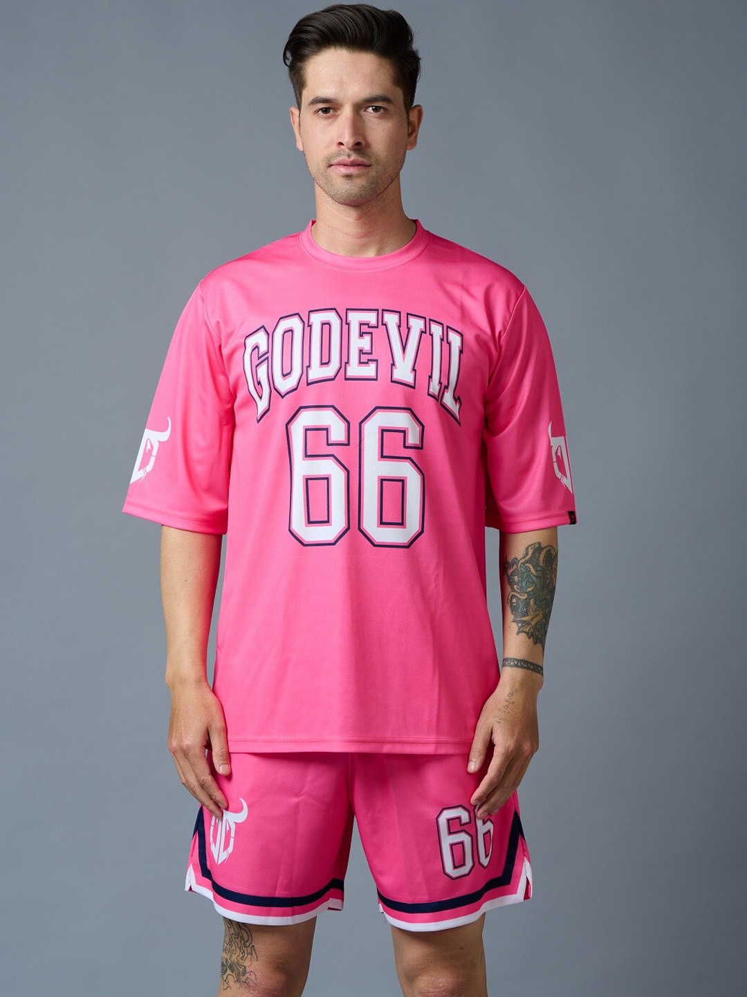 

GO DEVIL Typography Printed Sports T-shirt And Shorts, Pink