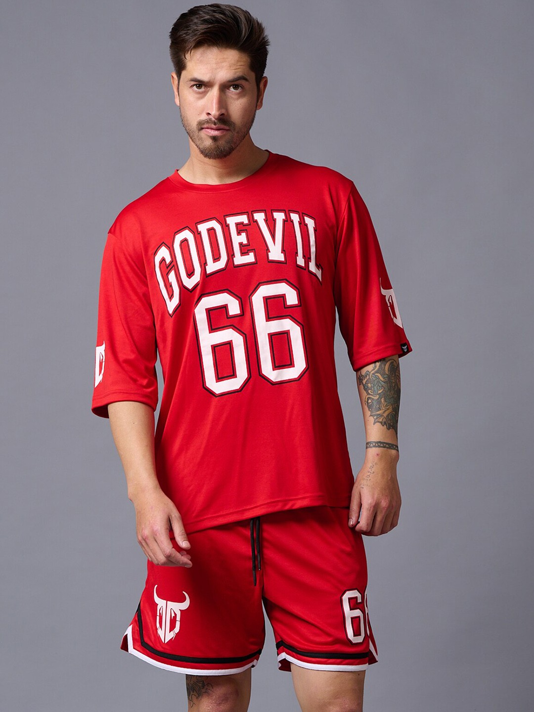 

GO DEVIL Typography Printed Sports T-shirt And Shorts, Red