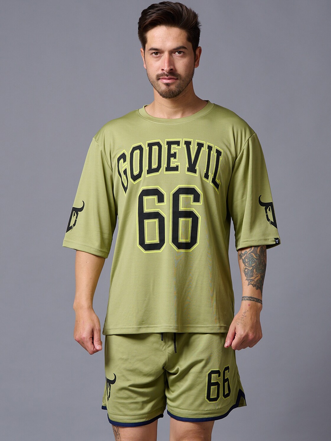 

GO DEVIL Typography Printed Sports T-shirt And Shorts, Green