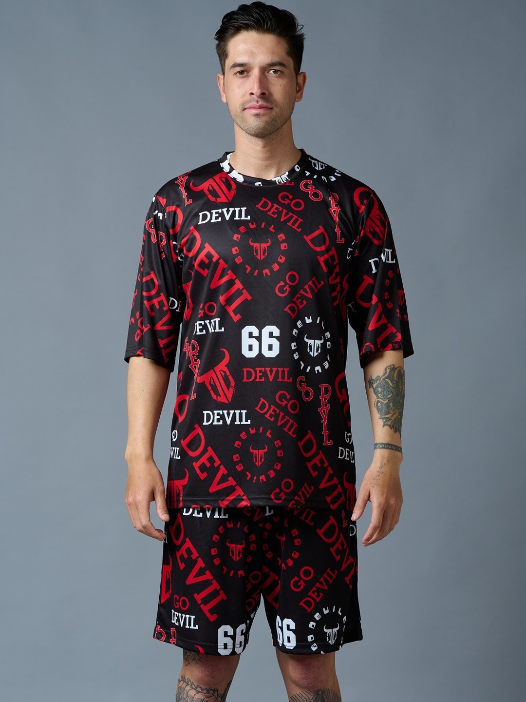 GO DEVIL Typography Printed Sports T-shirt And Shorts, Black
