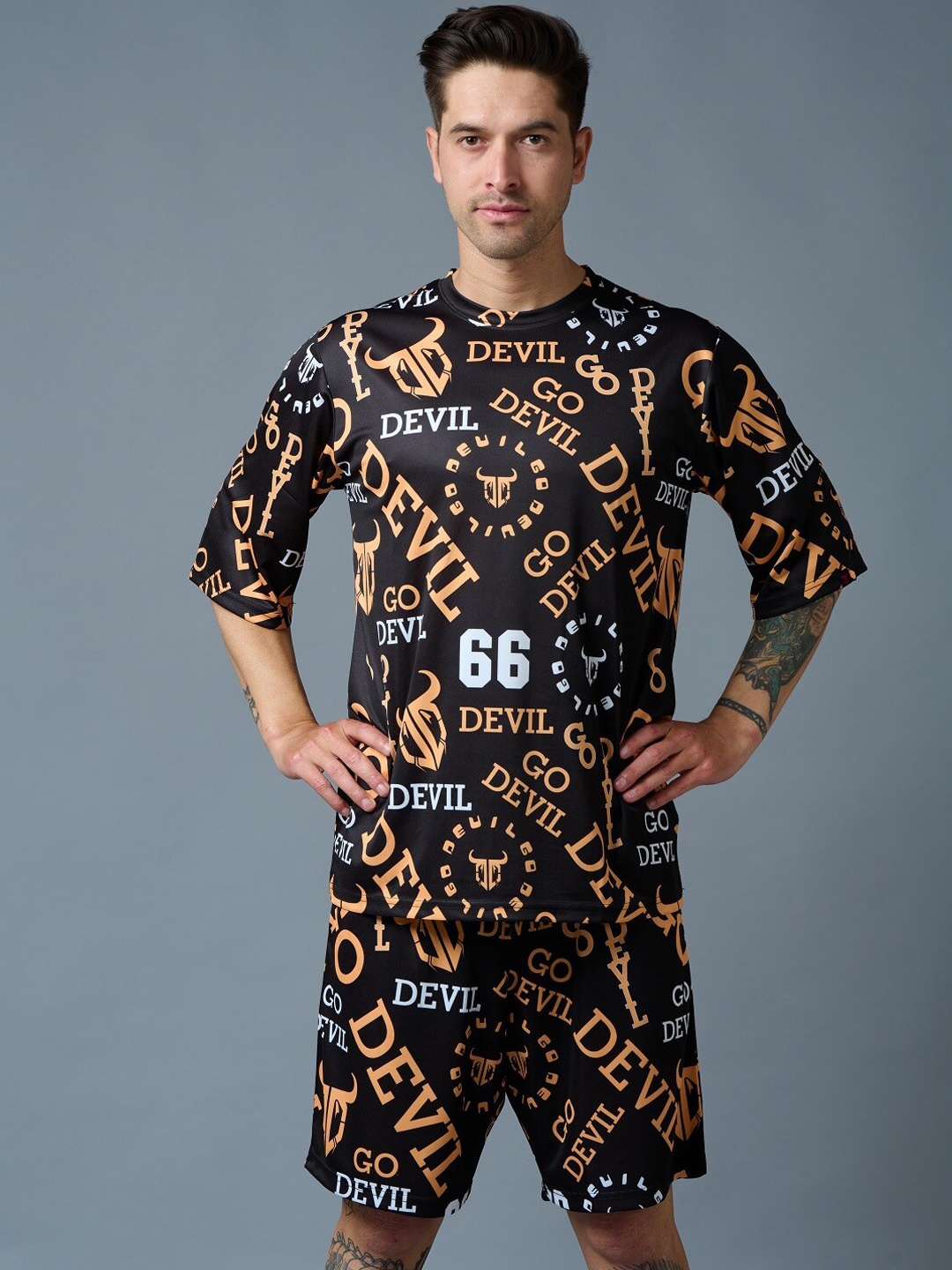 GO DEVIL Printed T-Shirt & Shorts, Black
