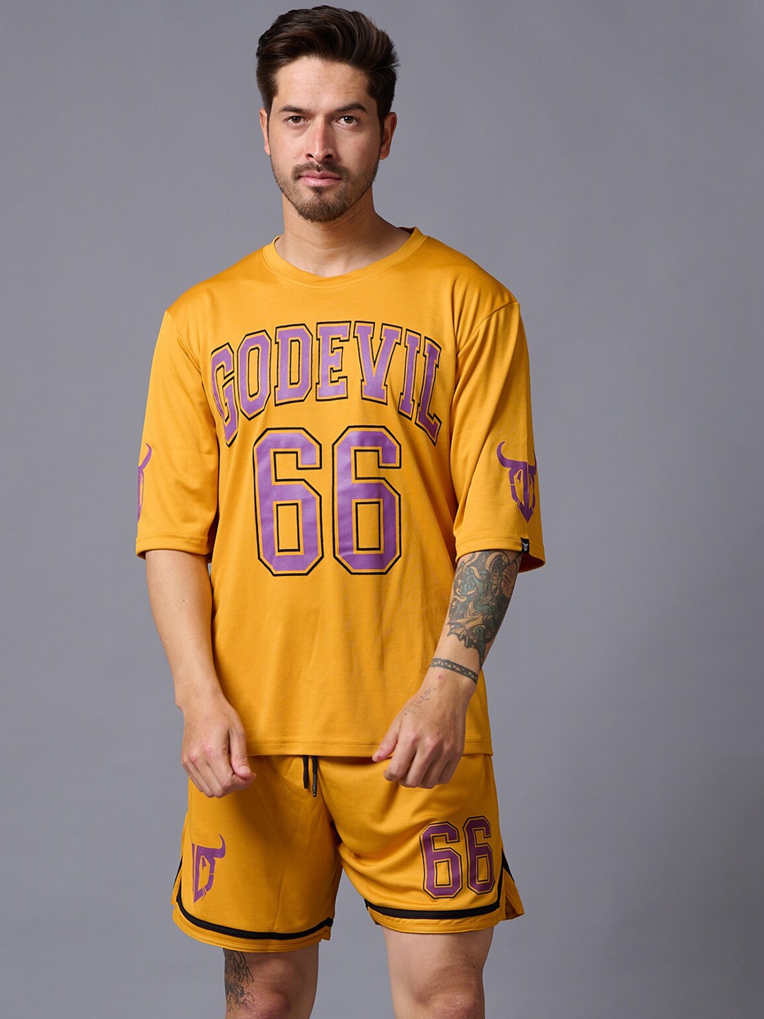 

GO DEVIL Typography Printed Sports T-shirt And Shorts, Mustard