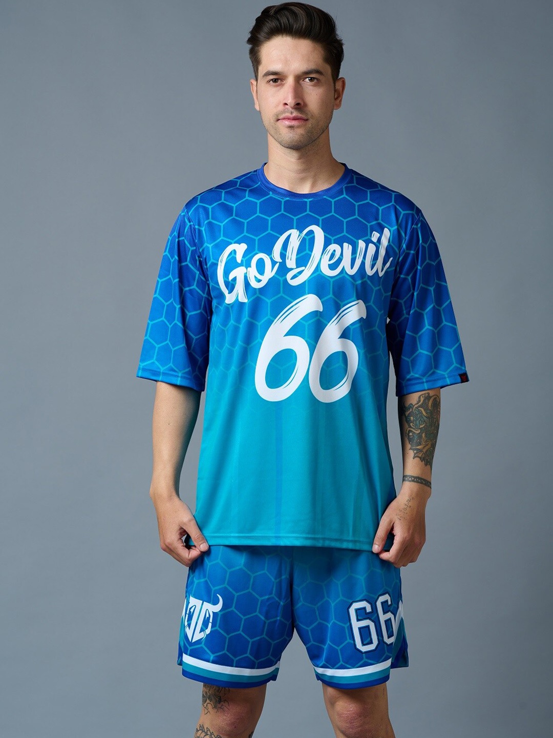 

GO DEVIL Typography Printed Sports T-shirt And Shorts, Blue