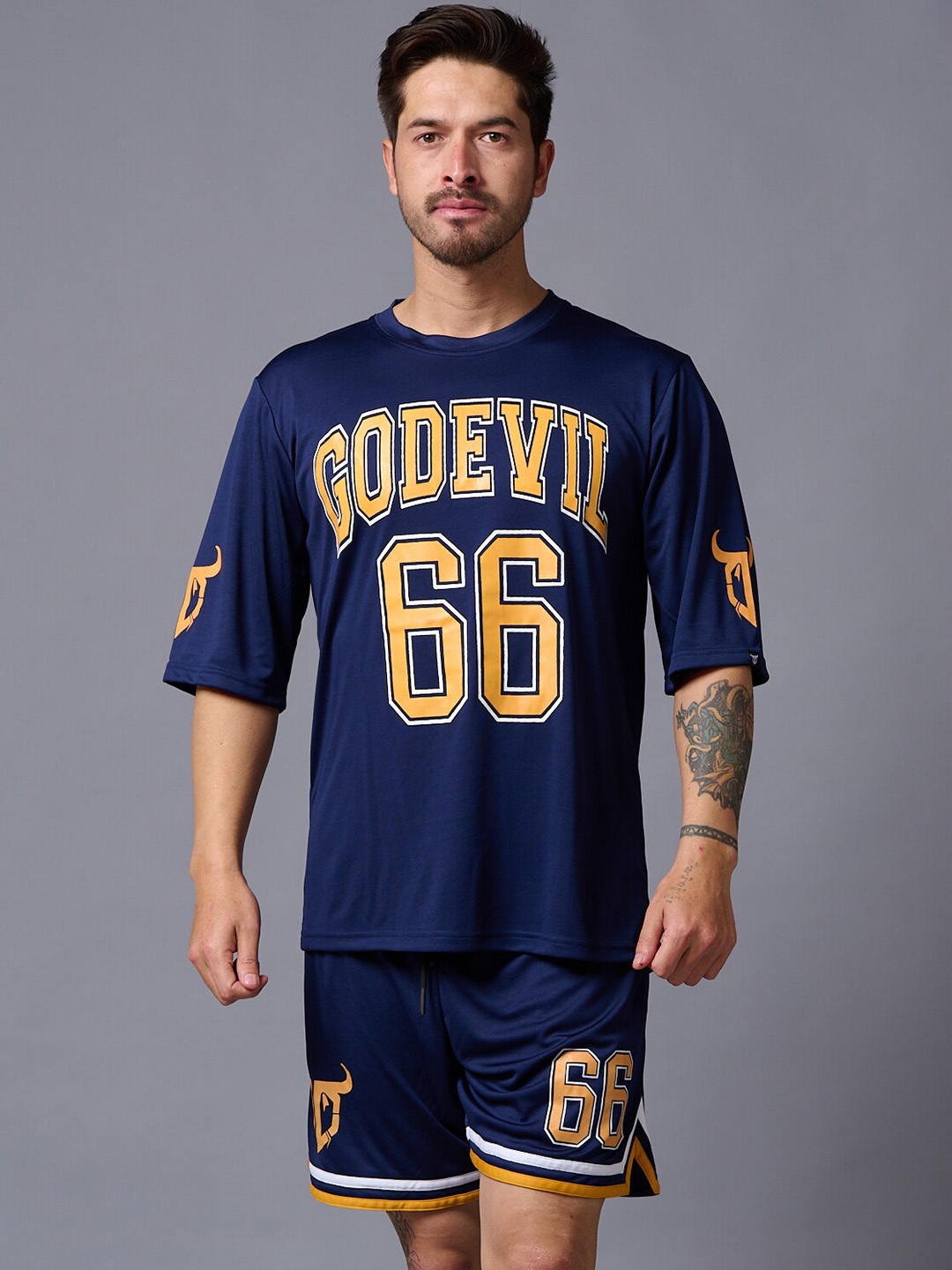 

GO DEVIL Typography Printed Sports T-shirt And Shorts, Navy blue
