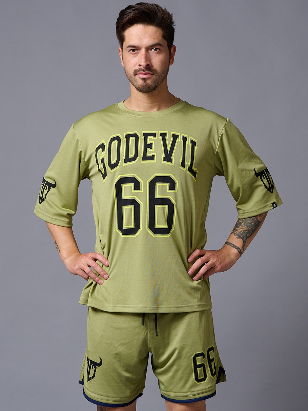 

GO DEVIL Printed T-Shirt With Shorts, Green