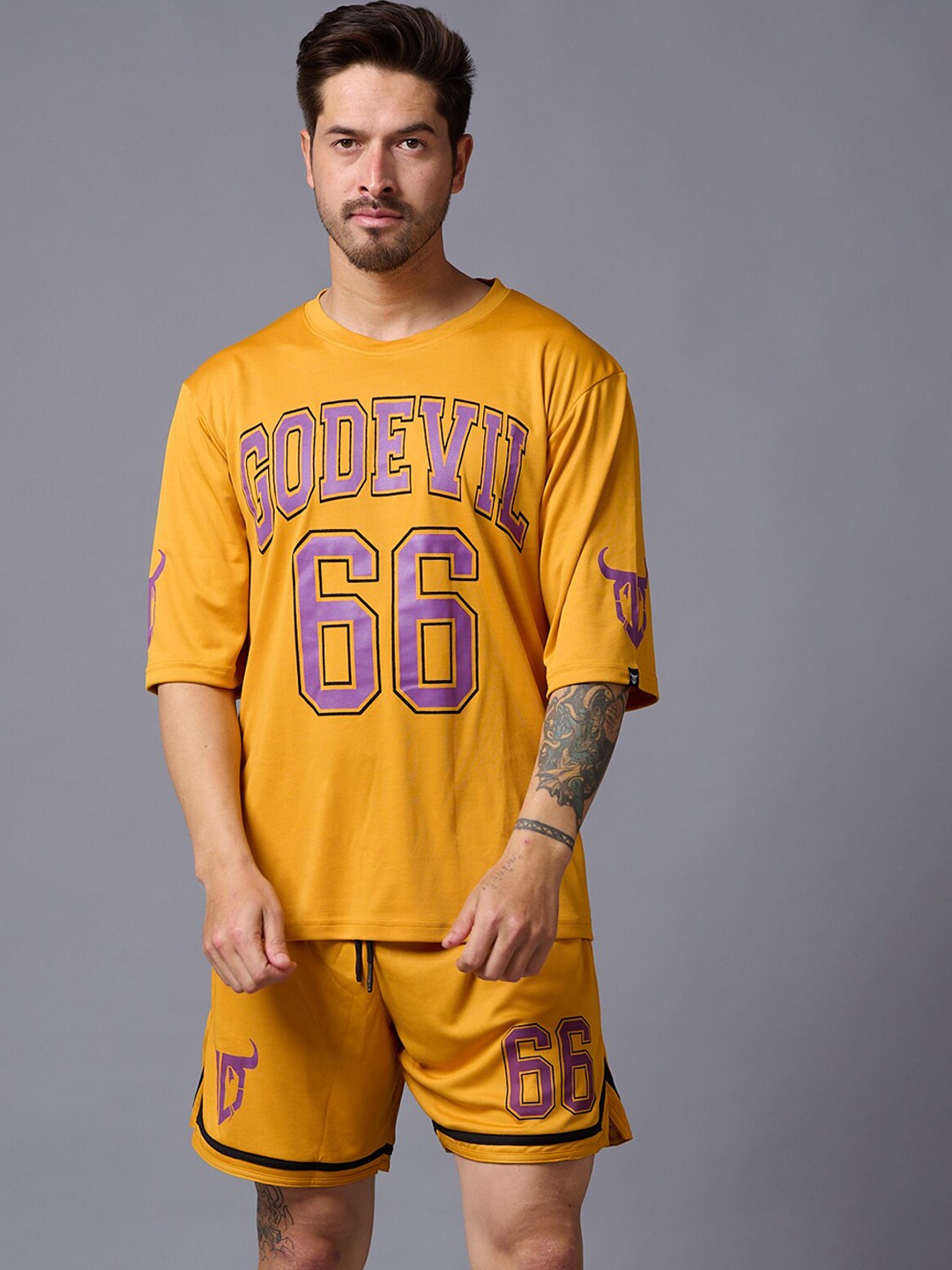 

GO DEVIL Printed T-Shirt & Shorts, Mustard