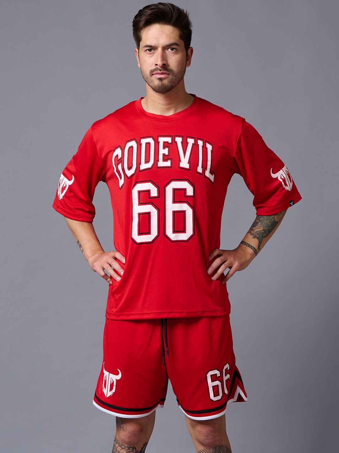 GO DEVIL Printed T-Shirt & Shorts, Red