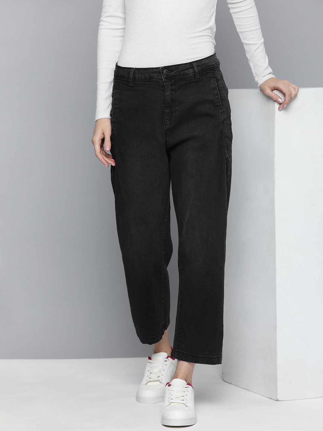 

ether Comfort Boyfriend Fit High-Rise Stretchable Jeans, Black