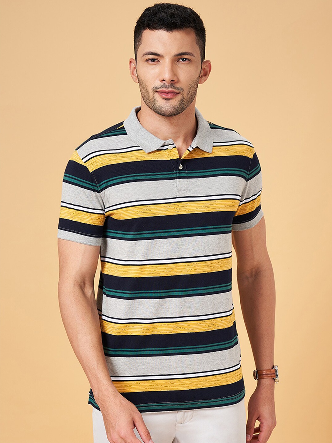 

BYFORD by Pantaloons Striped Polo Collar Slim Fit T-shirt, Grey melange