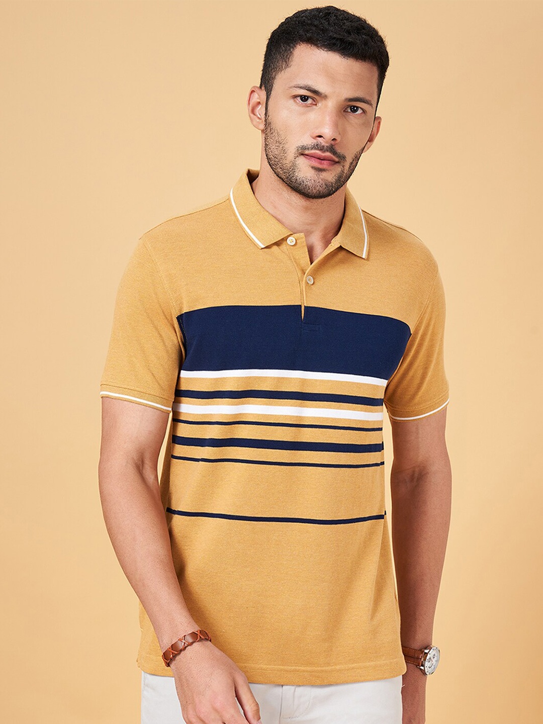 

BYFORD by Pantaloons Slim Fit Striped Polo Collar Cotton T-Shirt, Mustard