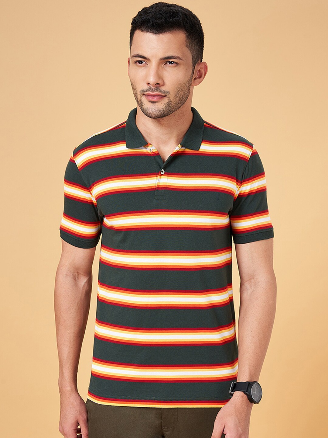 

BYFORD by Pantaloons Striped Polo Collar Slim Fit T-shirt, Olive