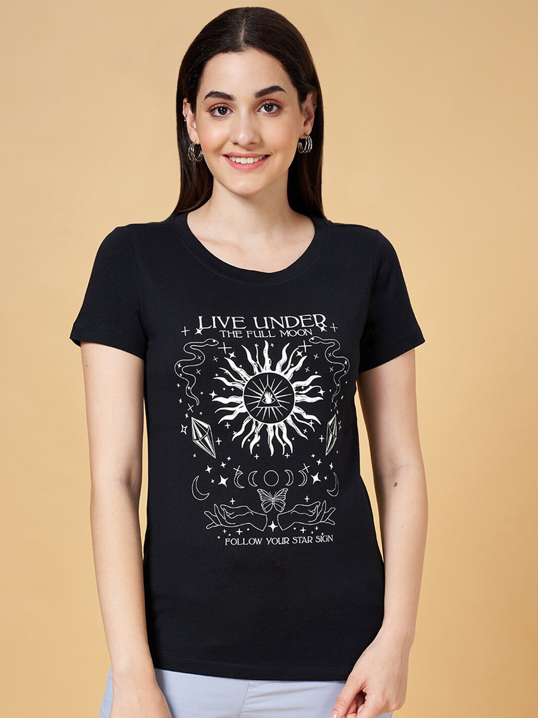 

Honey by Pantaloons Graphic Printed Round Neck Cotton Casual T-shirt, Black