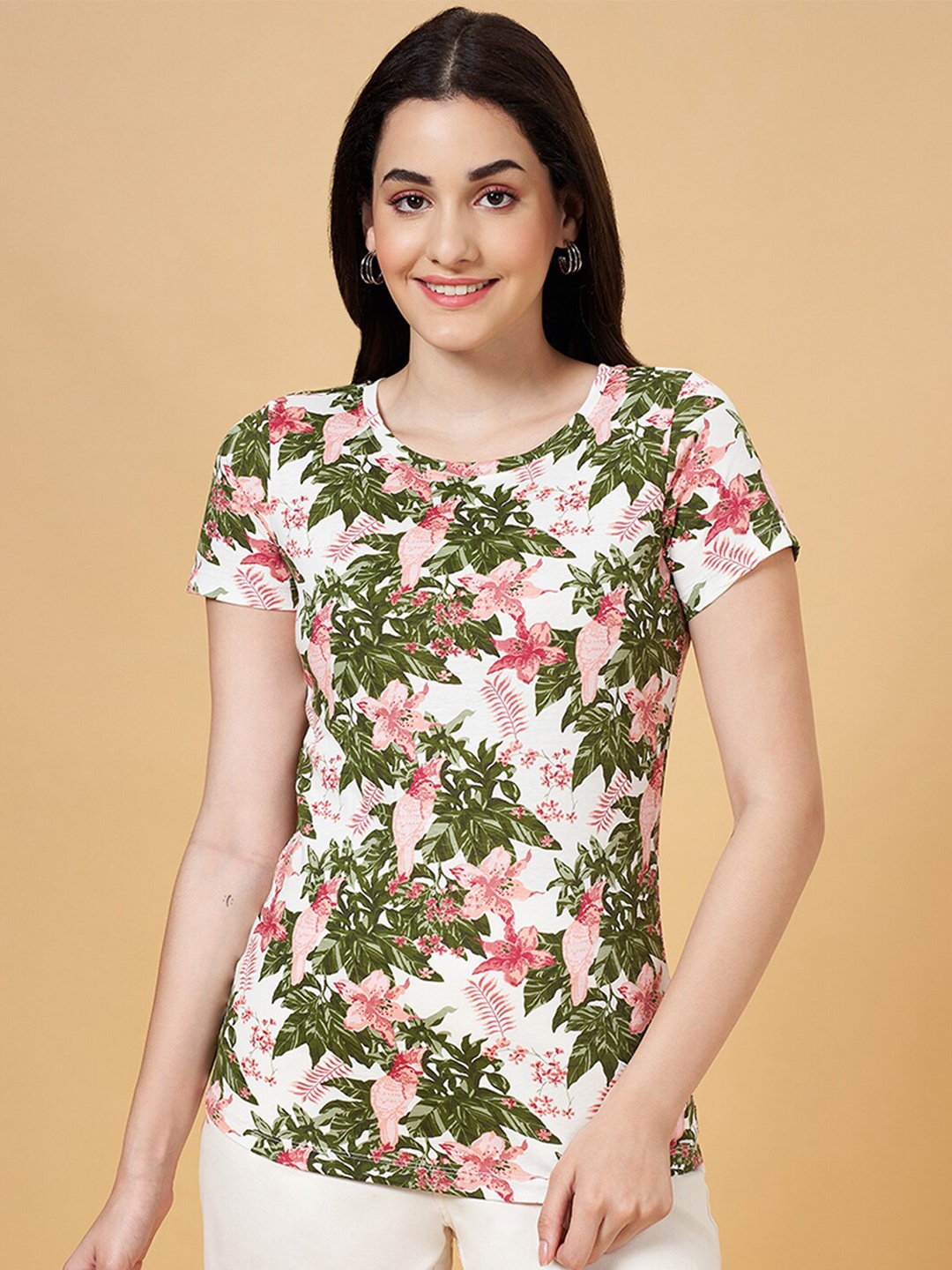 

Honey by Pantaloons Floral Printed Cotton T-shirt, Off white