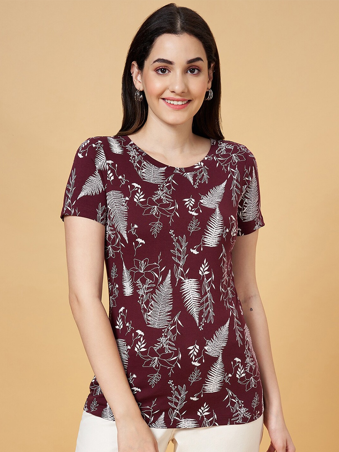 

Honey by Pantaloons Floral Printed Cotton T-shirt, Brown