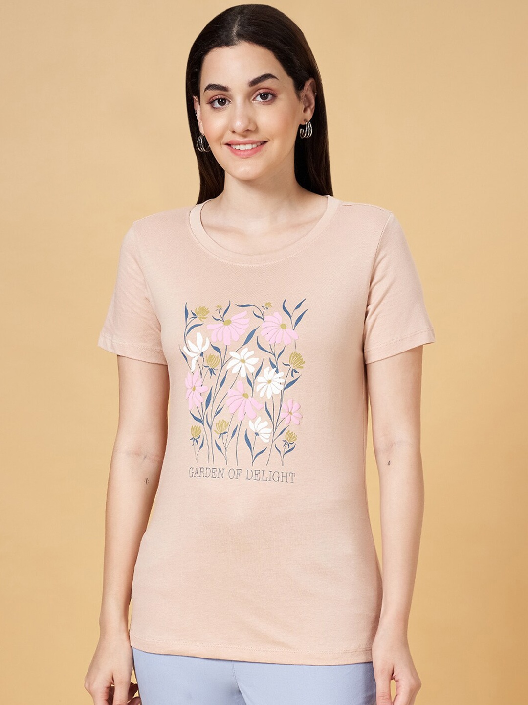 

Honey by Pantaloons Floral Printed Round Neck Cotton Casual T-shirt, Beige