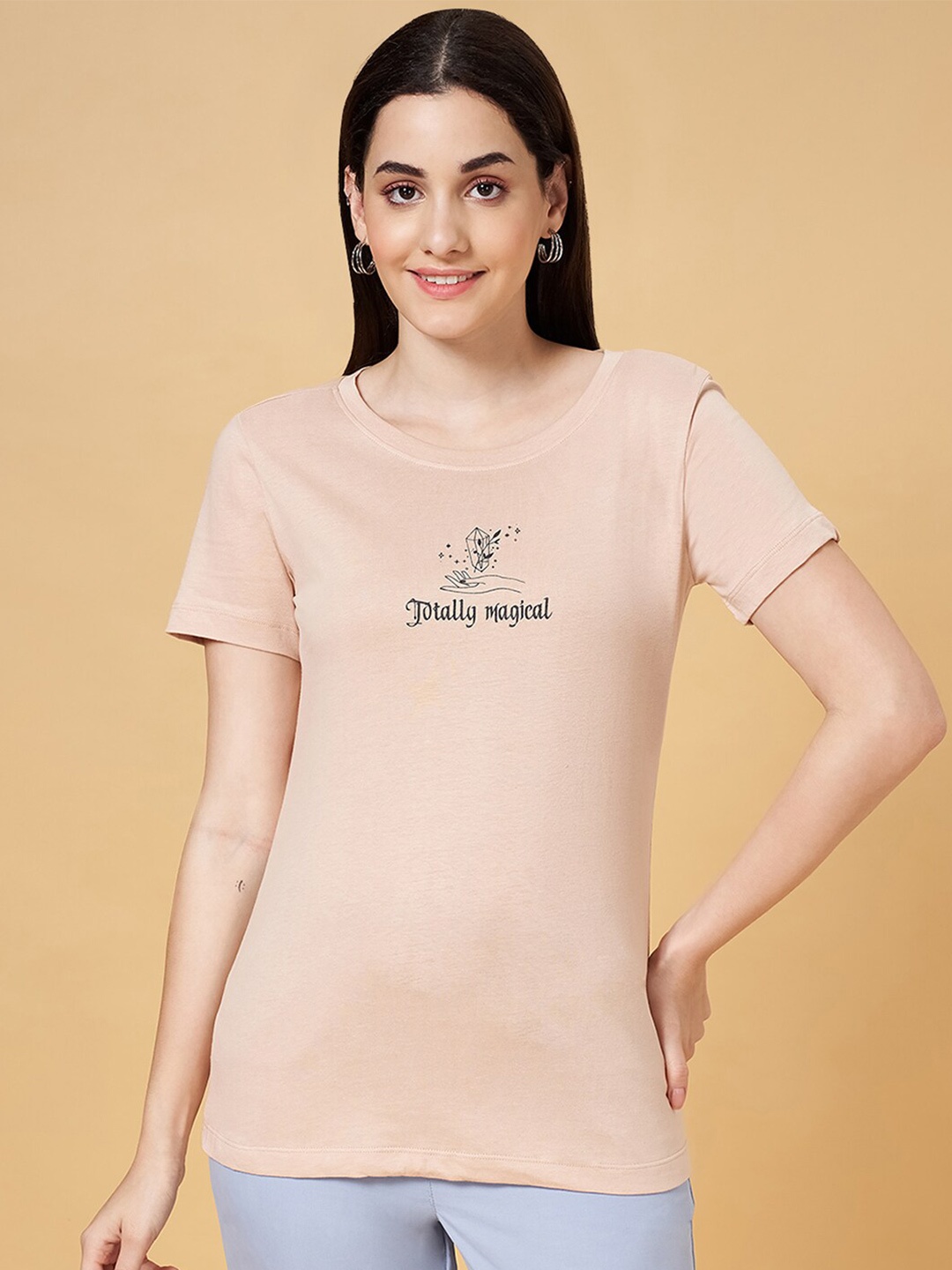 

Honey by Pantaloons Typography Printed Cotton T-shirt, Beige