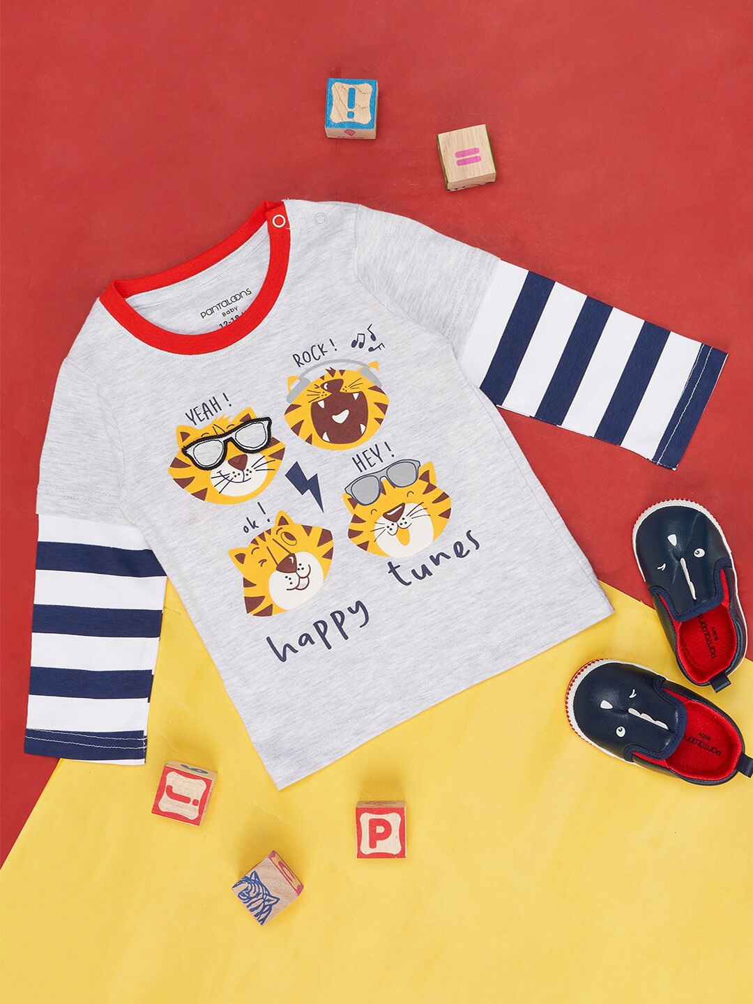 

Pantaloons Baby Infants Boys Graphic Printed Round Neck Cotton Casual T-shirt, Grey melange