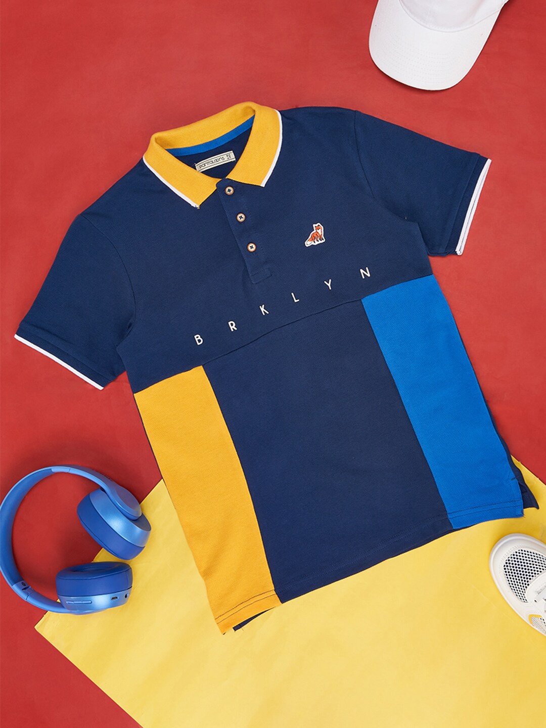 

Pantaloons Junior Boys Colourblocked Polo Collar Cotton T-Shirt, Navy blue