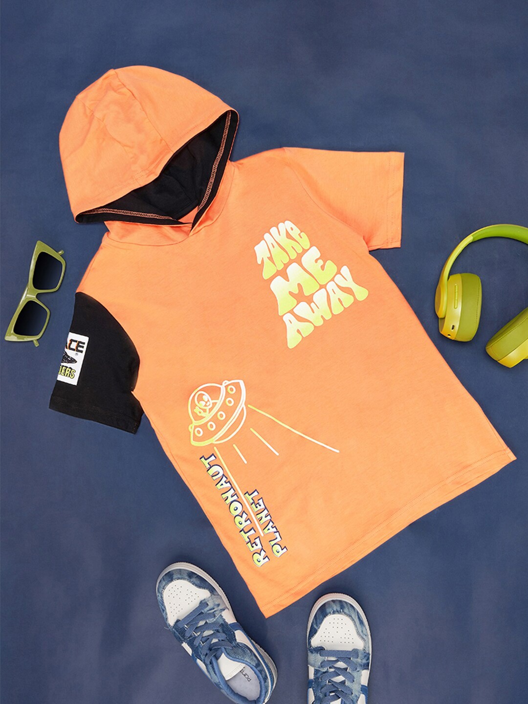 

Pantaloons Junior Boys Graphic Printed Hooded Cotton Regular T-shirt, Orange
