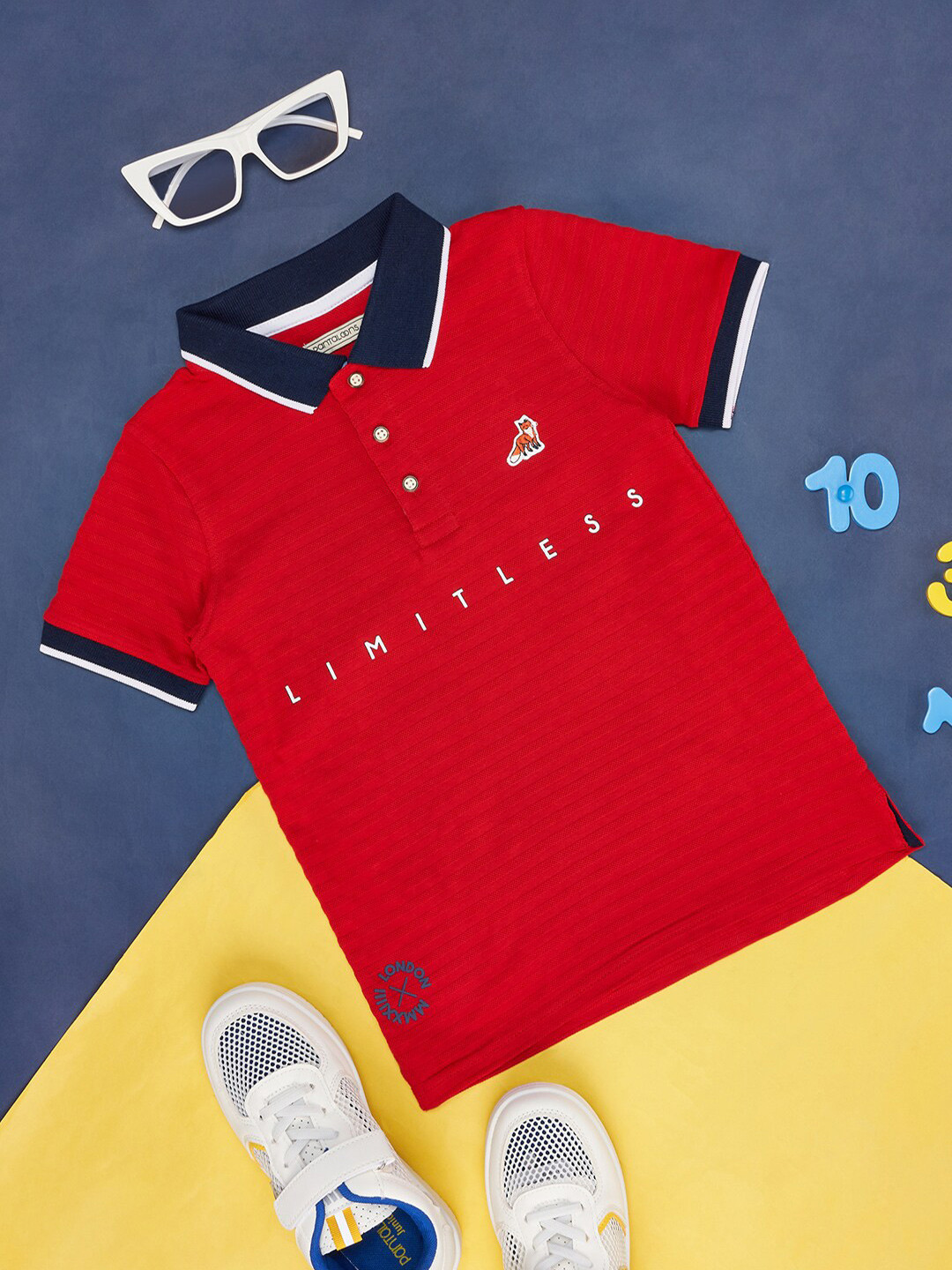 

Pantaloons Junior Boys Colourblocked Polo Collar Applique Cotton T-Shirt, Red