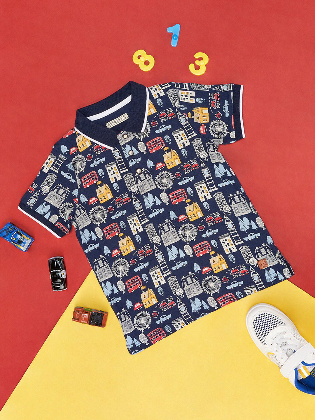 

Pantaloons Junior Boys Conversational Printed Polo Collar Cotton T-shirt, Navy blue