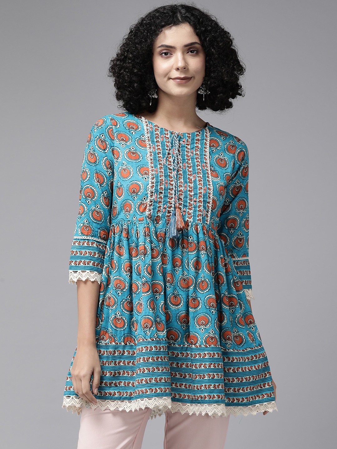 

Amirah s Printed Pure Cotton Tunic with Lace Detail, Blue