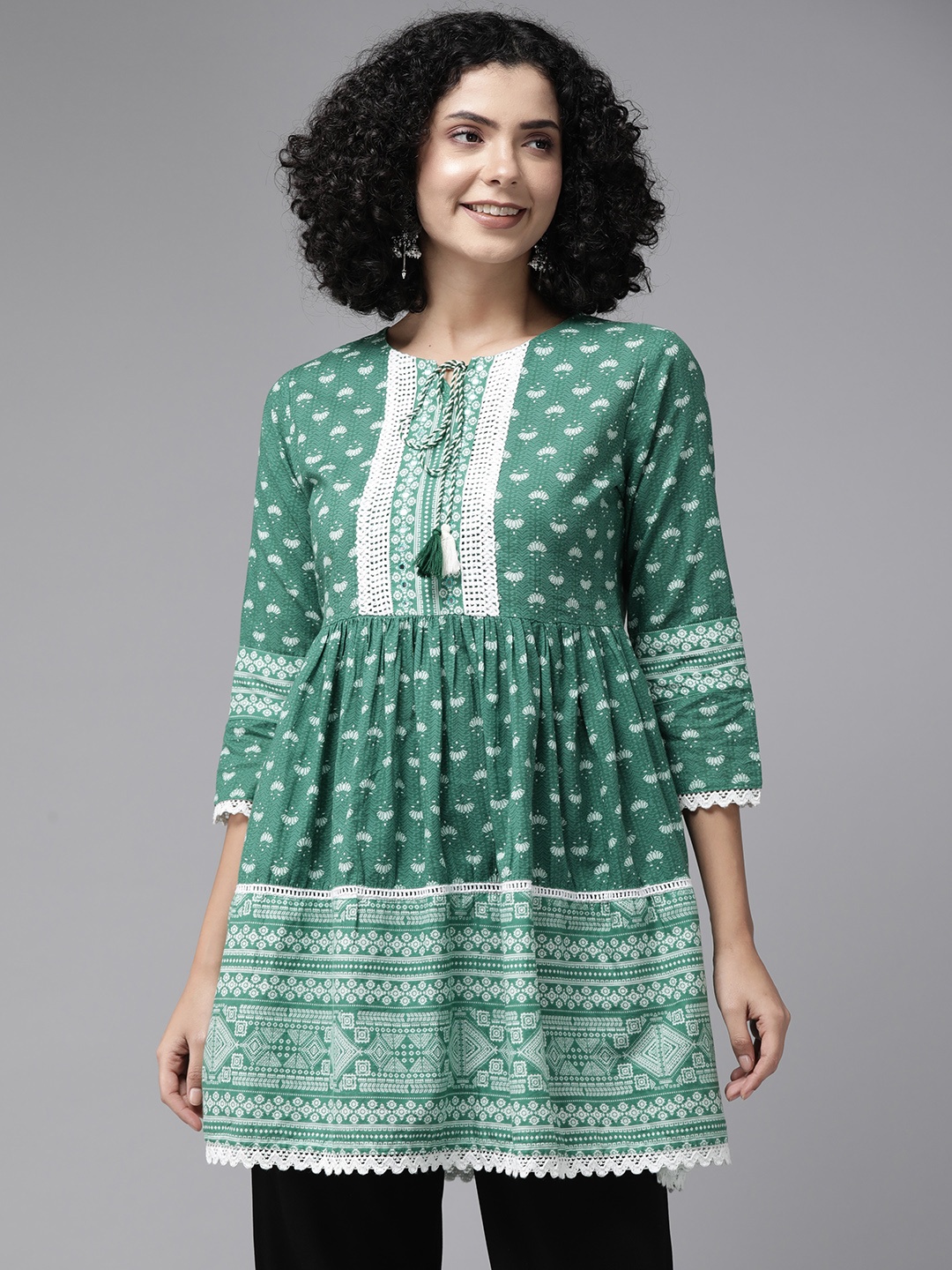 

Amirah s Printed Pure Cotton Tunic with Lace Detail, Green