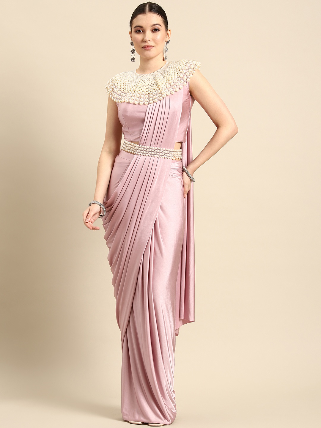 

Mitera Solid Embroidered Ready to Wear Saree, Pink