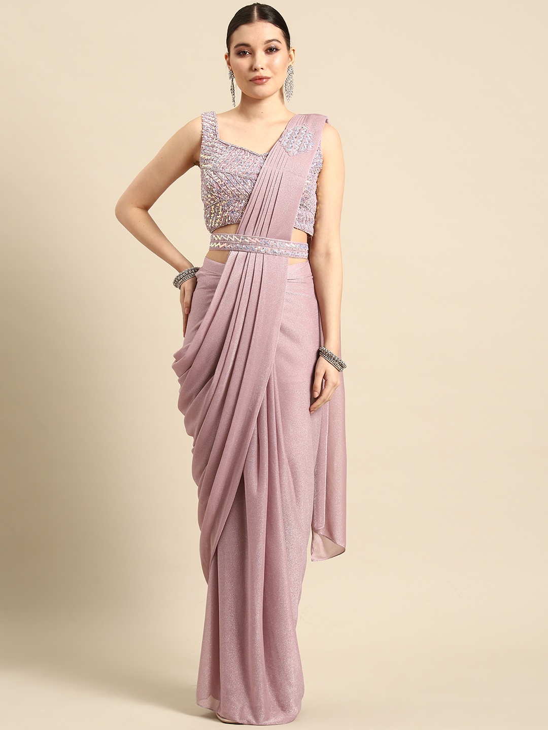 

Mitera Embellished Sequinned Ready to Wear Saree, Pink