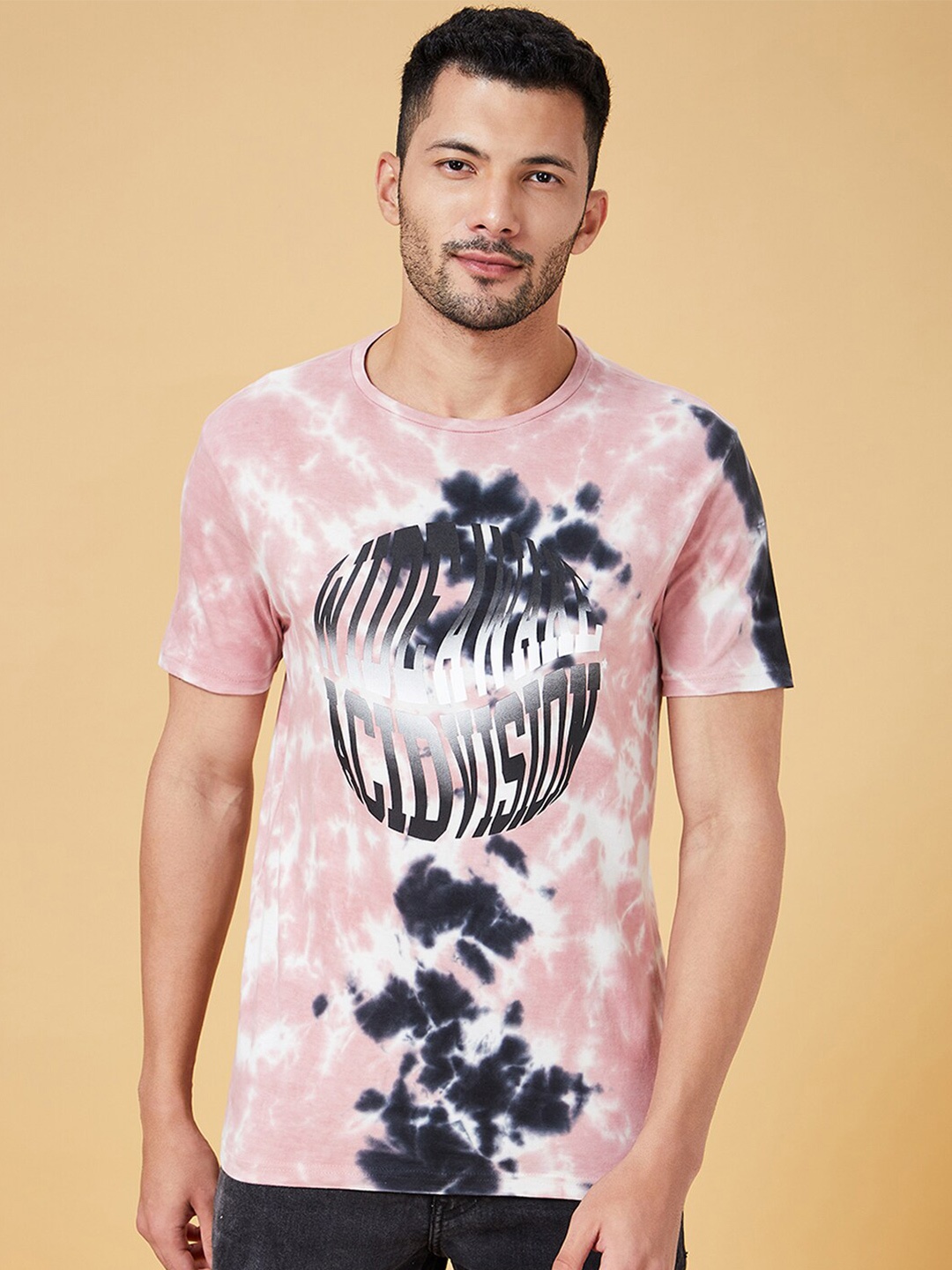 

People Slim Fit Abstract Printed Round Neck Short Sleeve Cotton T-Shirt, Pink