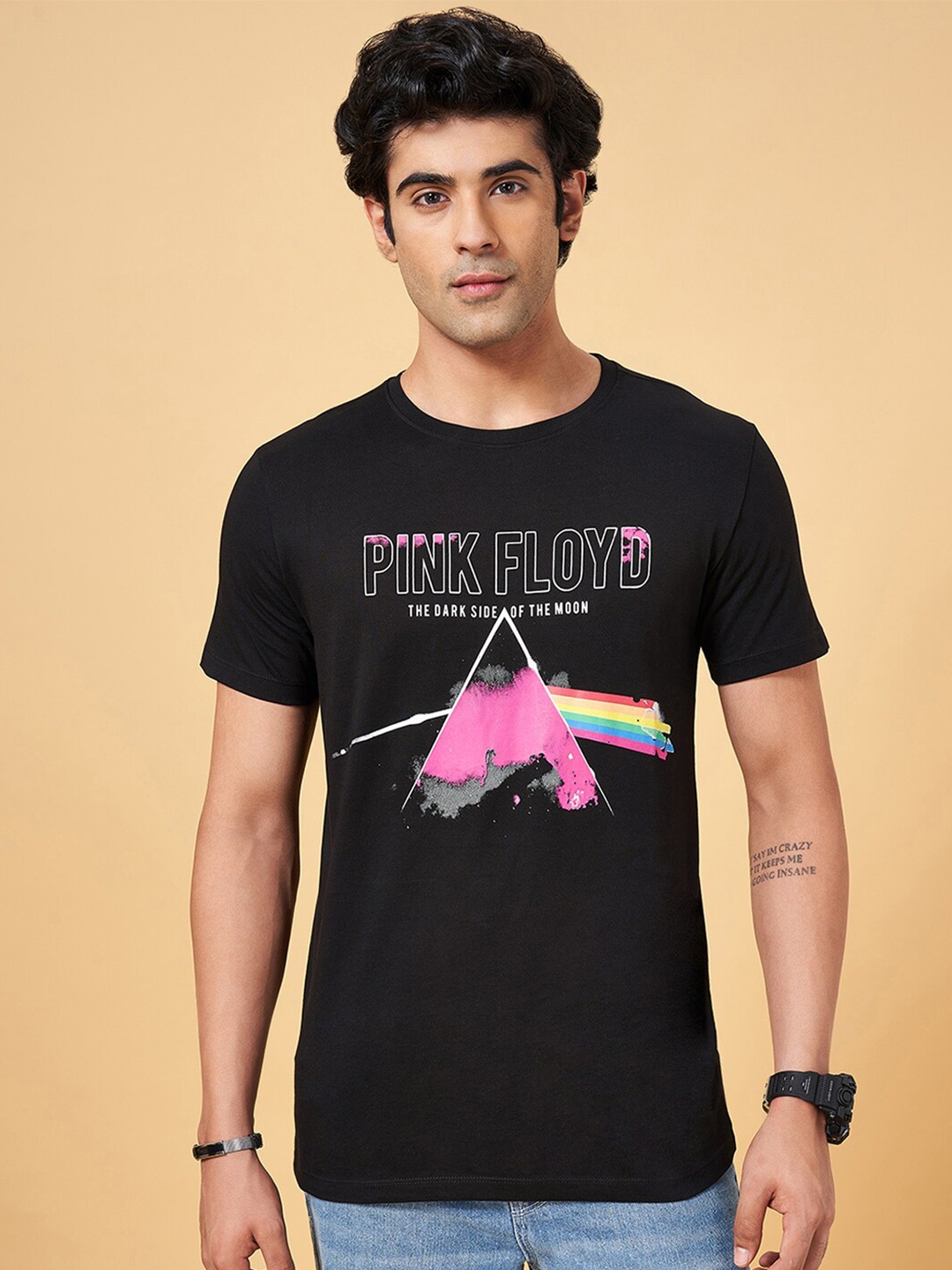 

SF JEANS by Pantaloons Slim Fit Typography Printed Round Neck Cotton T-Shirt, Black