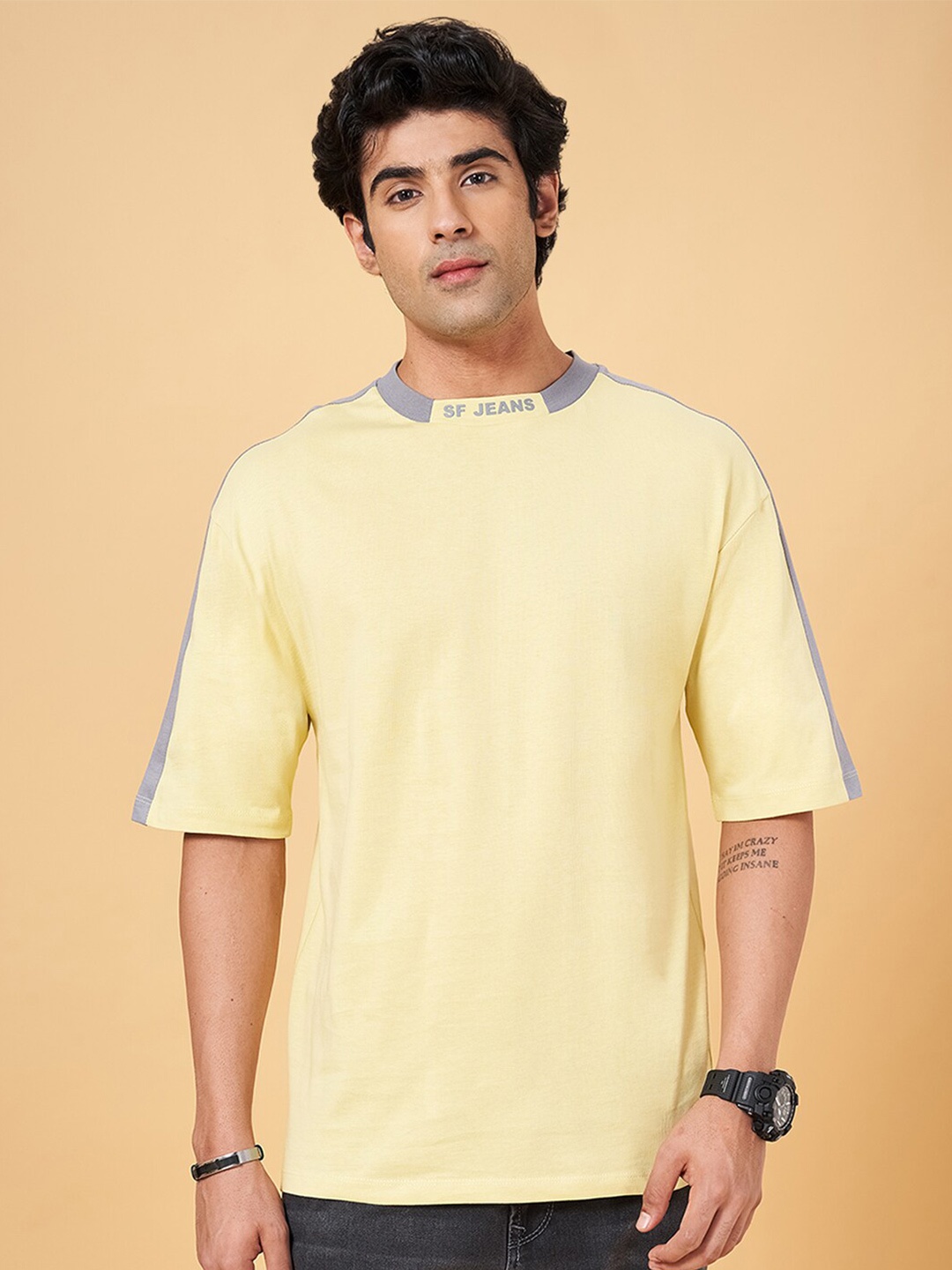 

SF JEANS by Pantaloons Drop Shoulder Sleeves Cotton T-shirt, Yellow