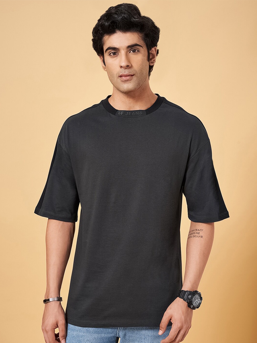 

SF JEANS by Pantaloons Round Neck Cotton T-Shirt, Charcoal